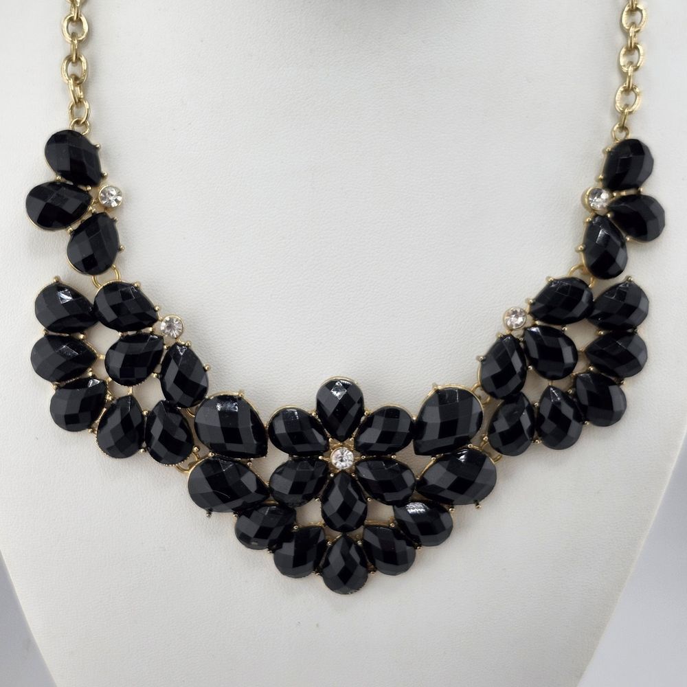 Black Flower Statement Necklace With Clear Rhinestones